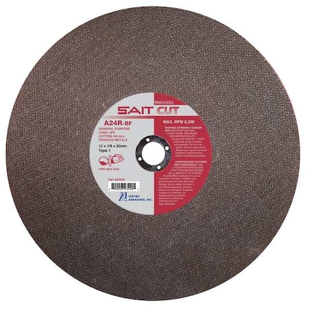 Abrasive Cut-Off Wheel, Type 1, 14 in Dia, 0.125 in Thick, 1 in Arbor Hole Size, Aluminum Oxide