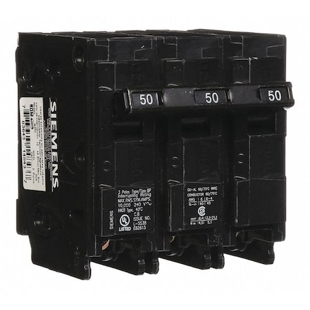 Miniature Circuit Breaker, Q Series, 50A, 3 Pole, 240V AC, 10kA at 120V AC