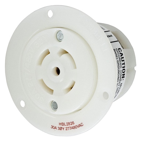 Flanged Locking Receptacle, L22-30R, 30 A, 277/480V AC, Three Phase, 4 Pole, Flush Mount, White