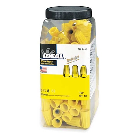 Twist-On Wire Connector, 12 AWG Max, Yellow, Thermoplastic Polyester Insulation, 600 V, 175 PK