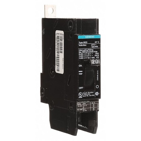 Miniature Circuit Breaker, BQD Series, 20A, 1 Pole, 277V AC, 14kA at 277V AC