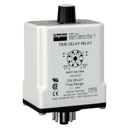 Single Function Time Delay Relay, Octal, On Delay, 1 Functions 120V AC/DC, DPDT