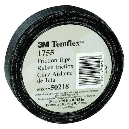 Electrical Friction Tape, 1755, Temflex, 3/4 in W x 60 ft L, 13 mil thick, Cotton, Black