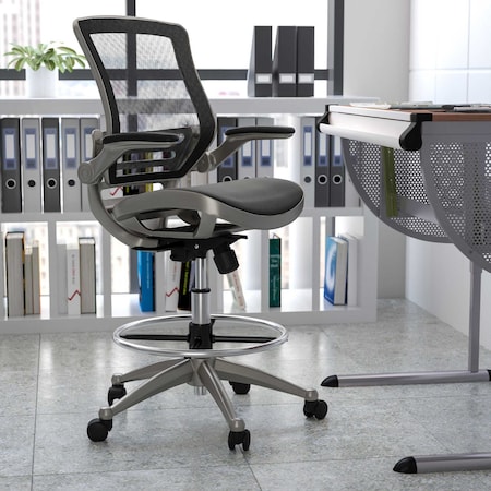 Black/Graphite Mid-Back Drafting Chair - Flip-Up Arms
