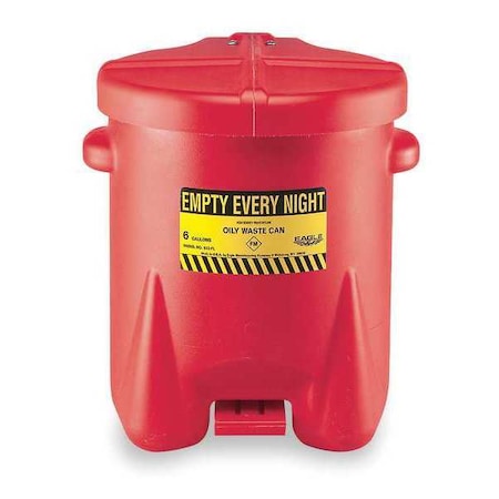 Oily Waste Can, 14 gal, Red, Polyethylene, 21 in Height, Foot Operated Self-Closing