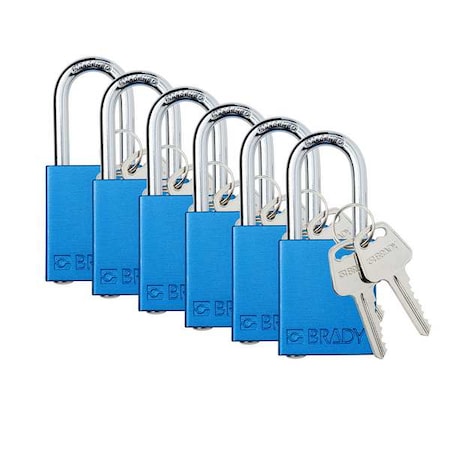 Padlock, Keyed Different, Aluminum, Blue, 1 1/2 in Shackle Height, 1 1/2 in Body Width, 6 PK