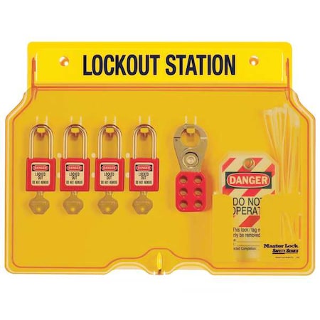 Lockout Station, 18 Components: Hasps (2), Padlocks (4), Tags (12), Keyed Different, Yellow