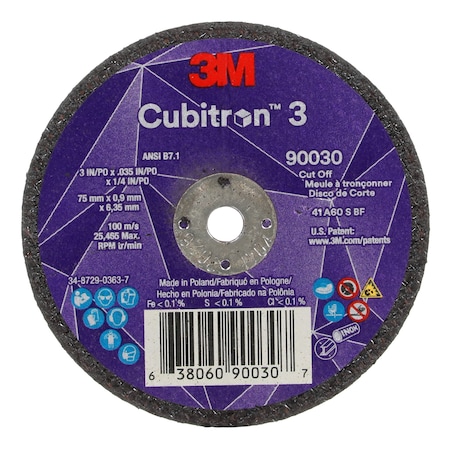 Abrasive Cut-Off Wheel, Type 1, 3 in Dia, 0.035 in Thick, 1/4 in Arbor Hole Size, Ceramic, 60 Grit