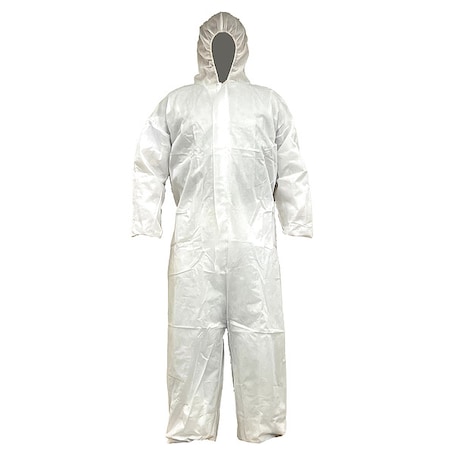 Disposable Coverallss, Hooded, 4XL, PP SMS, Elastic Wrist, Elastic Ankle, Serged Seam, White, 25 PK
