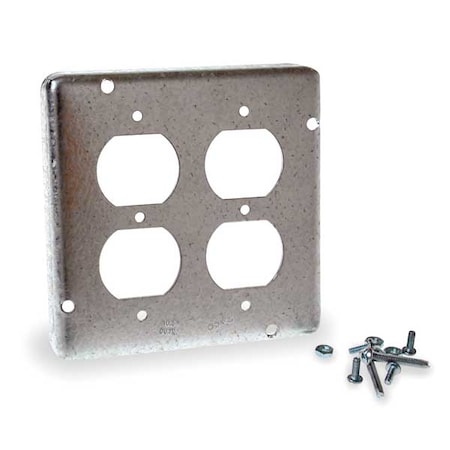 Box Cover, Square Box Type, 2 Gang, Galvanized Steel, 2 Duplex Receptacle Cover Type