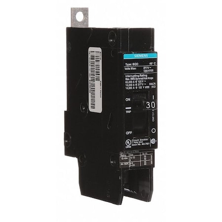 Miniature Circuit Breaker, BQD Series, 30A, 1 Pole, 277V AC, 14kA at 277V AC