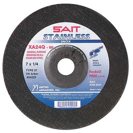Depressed Center Grinding Wheel, Type 27, 7 in Dia, 0.25 in Thick, 7/8 in Arbor Hole Size, 24 Grit