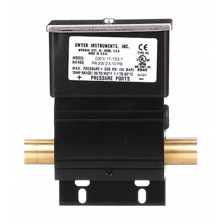 Pressure Switch, Standard, SPDT, 1/4" FNPT, 2.5 to 10 psi Range, Polycarbonate