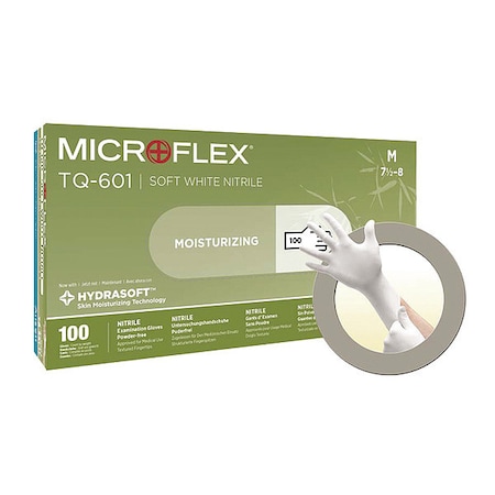 TQ-601, Disposable Gloves, 2.00 to 2.99 mil Palm, Nitrile, Powder-Free, L (9), 100 PK, White