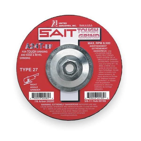Depressed Center Grinding Wheel, Type 27, 7 in Dia, 0.25 in Thick, 5/8"-11 Arbor Hole Size, 24 Grit