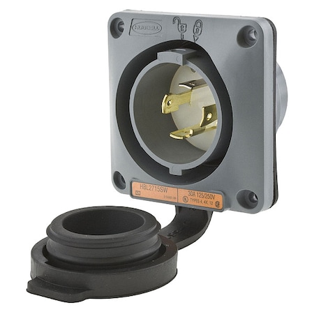 Watertight Flanged Locking Inlet, 30 A, 125/250V AC, Single Phase, 3 Pole, Flush Mount, Gray