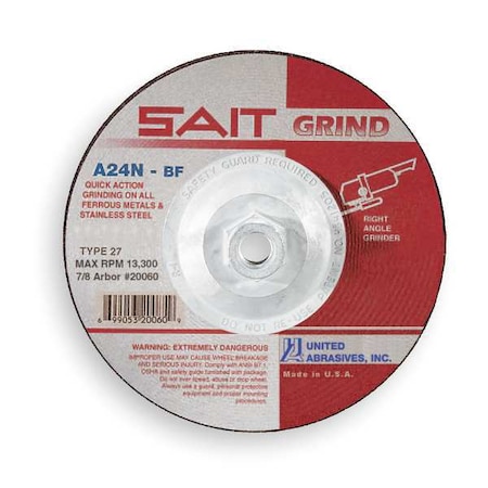 Depressed Center Grinding Wheel, Type 27, 7 in Dia, 0.25 in Thick, 5/8"-11 Arbor Hole Size, 24 Grit