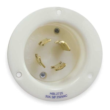 Flanged Locking Inlet, 30 A, 250V AC, Three Phase, 3 Pole, Flush Mount, Screw Terminals, White