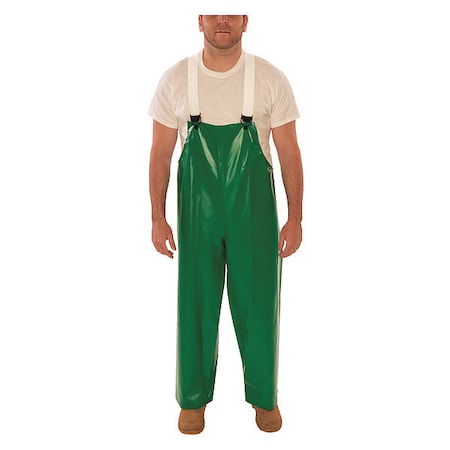 Flame-Resistant Rain Bib Overall, PVC, 30 in Inseam, 40 in to 42 in Waist, 17 mil Thickness, Green
