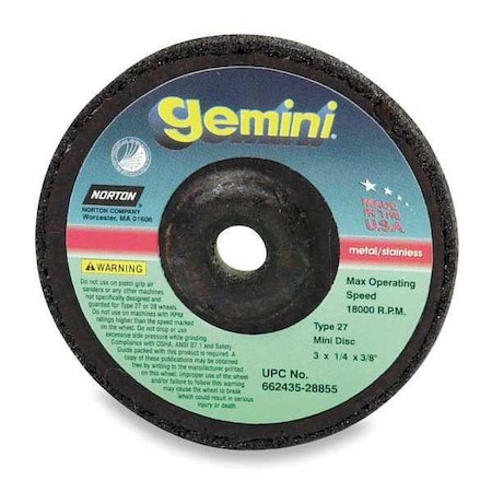 Depressed Center Grinding Wheel, Type 27, 4 1/2 in Dia, 0.25 in Thick, 7/8 in Arbor Hole Size