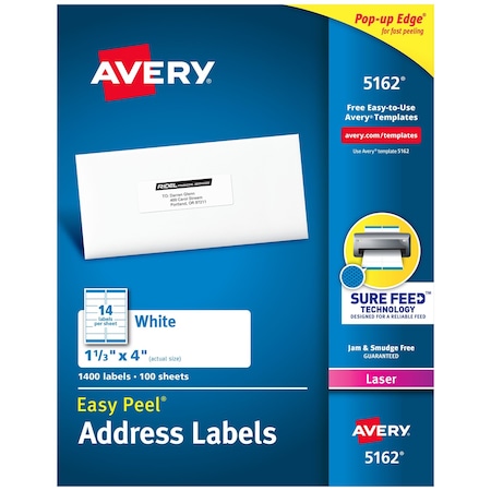 Laser Label, 4 in Label W, 1 1/3 in Label H, 14 Labels per Sheet White