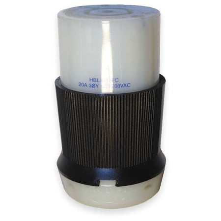 Locking Connector, L21-20R, 20 A, 120/208V AC, Three Phase, 4 Pole, Screw Terminals, Black, White
