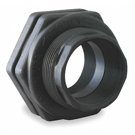 Bulkhead Tank Fitting, Glass Reinforced Polypropylene Body, 2 in Female NPT Inside Connection, Black