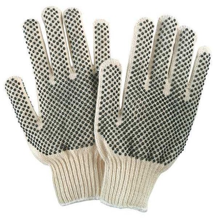 Knit Gloves, Cotton Polyester Blend, Dotted Palm, White/Black, L, 1 PR