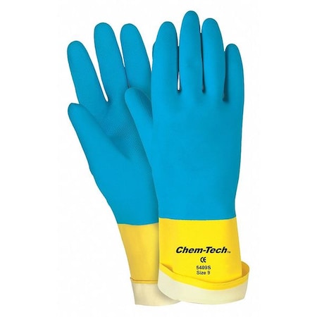 Chem-Tech Chemical Resistant Gloves, Natural Rubber Latex, 12 in L, 28 mil, Blue, Yellow, L, 12 PK