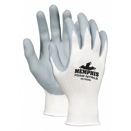 Coated Gloves, Foam Nitrile, Foam, Palm, 3 Abrasion Level, White, L (9) 12 PK