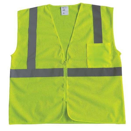 High Visibility Vest, ANSI Class 2, Mesh Polyester, U-Back, Zipper, 1 Pocket, Lime, 2XL