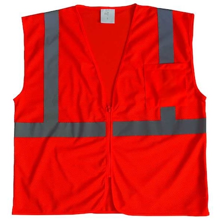 High Visibility Vest, ANSI Class 2, Mesh Polyester, U-Back, Zipper, 1 Pocket, Orange, 3XL
