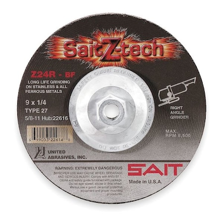 Depressed Center Grinding Wheel, Type 27, 5 in Dia, 0.25 in Thick, 7/8 in Arbor Hole Size, 24 Grit