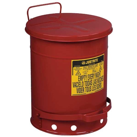 Oily Waste Can, 10 Gallon Capacity, Galvanized Steel, Red, Foot Operated Self Closing
