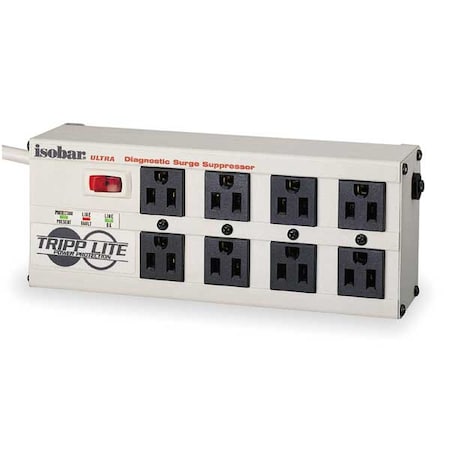 Outlet Strip, Surge, 8 5-15R, 5-15P, 12 ft., Light Gray
