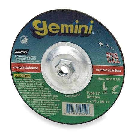 Cut-Off & Grinding Wheel, Type 27, 7 in Dia, 0.125 in Thick, 5/8"-11 Arbor Hole Size, 24 Grit