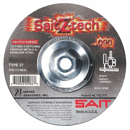 Depressed Center Cut-Off Wheel, Type 27, 6 in Dia, 0.09 in Thick, 5/8"-11 Arbor Hole Size, 36 Grit