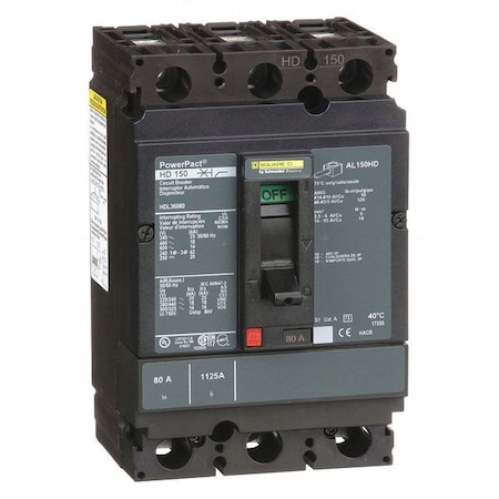 Molded Case Circuit Breaker, POWERPACT H Series, 80A, 3 Pole, 600V AC, 25kA at 240V AC