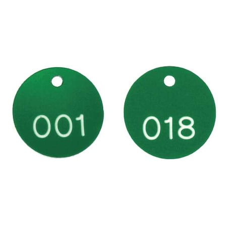Engraved Numbered Tags, Plastic, 1 1/8 in H x 1 1/8 in W, 1 1/8 in Dia., Green/White, Round, 100 PK