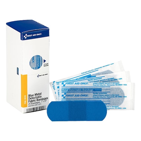 First Aid Kit Refill,1"X3" Blue Metal Detectable Bandages, 25 Per Box