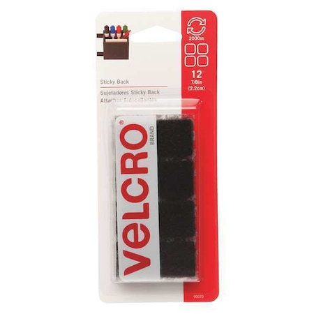 Reclosable Fastener Shape, Square, Rubber Adhesive, 7/8 in, 7/8 in W, Black, 12 PK