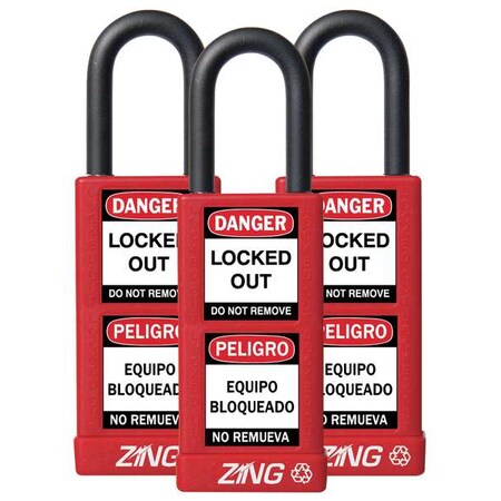Lockout Padlock, Keyed Alike, Aluminum, Red, 1 1/2 in Shackle Height, 1 1/2 in Body Width, 3 PK