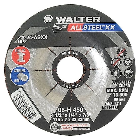 Depressed Center Grinding Wheel, Type 27, 4 1/2 in Dia, 0.25 in Thick, 7/8 in Arbor Hole Size