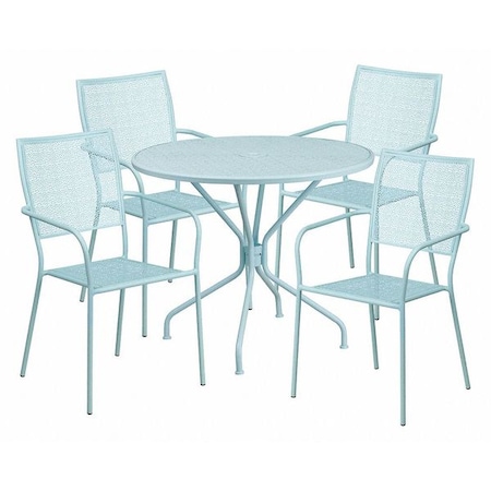 35.25" RD Sky Blue Steel Patio Table with 4 Chairs