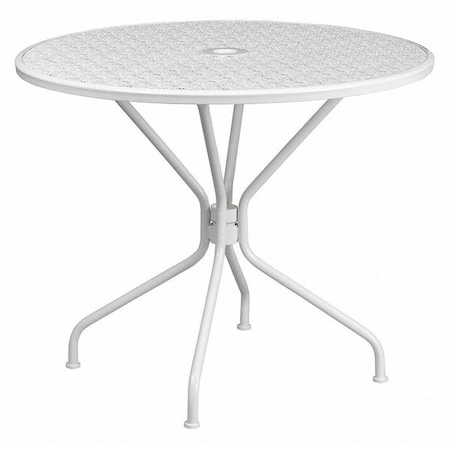 35.25" Round White Steel Patio Table-Umbrella Hole