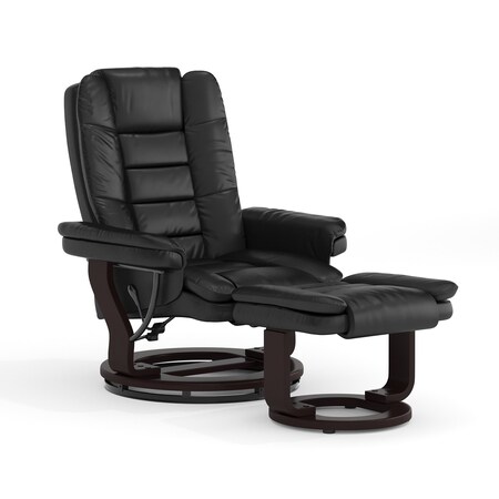 Black LeatherSoft Recliner & Ottoman w/ Wood Base