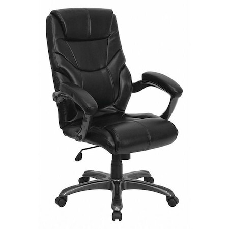 Contemporary Chair Black High Back Exec Chair, Fixed Arms, 18" to 21-1/2" Height, Leather, Black