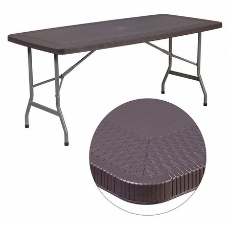Rectangle Brn Rattan 30X96 Fold Table, 32.5" W, 67.5" L, 28.75" H, Plastic Top, Brown