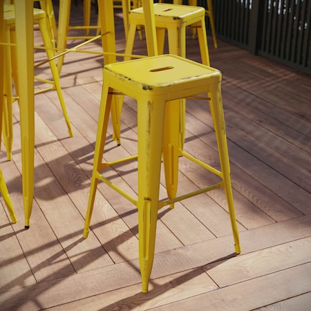 30" High Backless Distressed Yellow Metal Barstool
