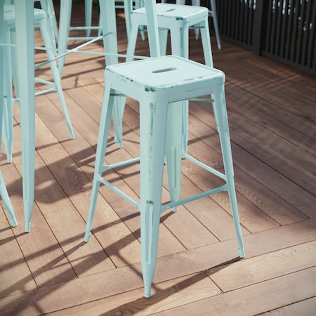 30" High Backless Distressed Green-Blue Barstool
